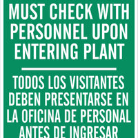 All Visitors Must Check With Personnel Upon Entering Plant Bilingual Signs | M-0633